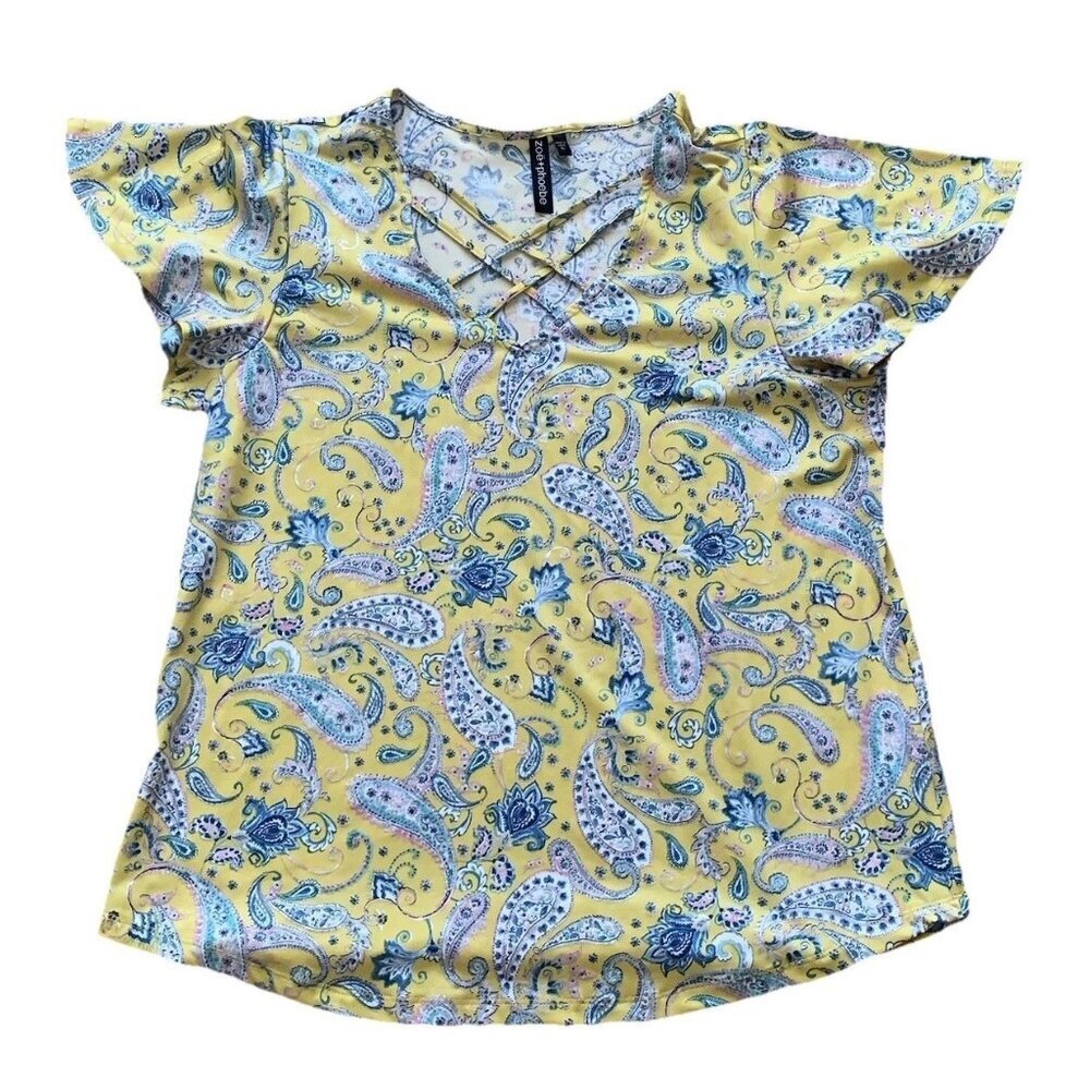 Zoe + Phoebe Top Women's Size Large Yellow Multicolor Short Sleeve Paisley